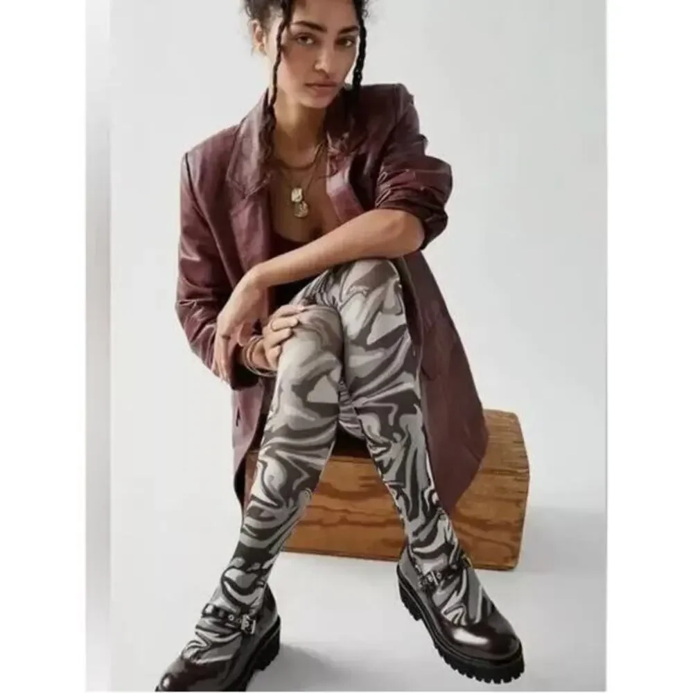 New! Free People Gray Black Time‎ Warp Tights Women’s one size
